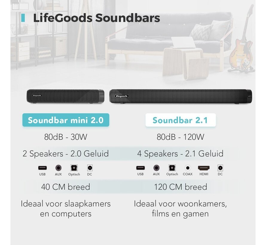 LifeGoods Soundbar - Bluetooth 5.0 - pour TV et PC - 30 watts - Noir