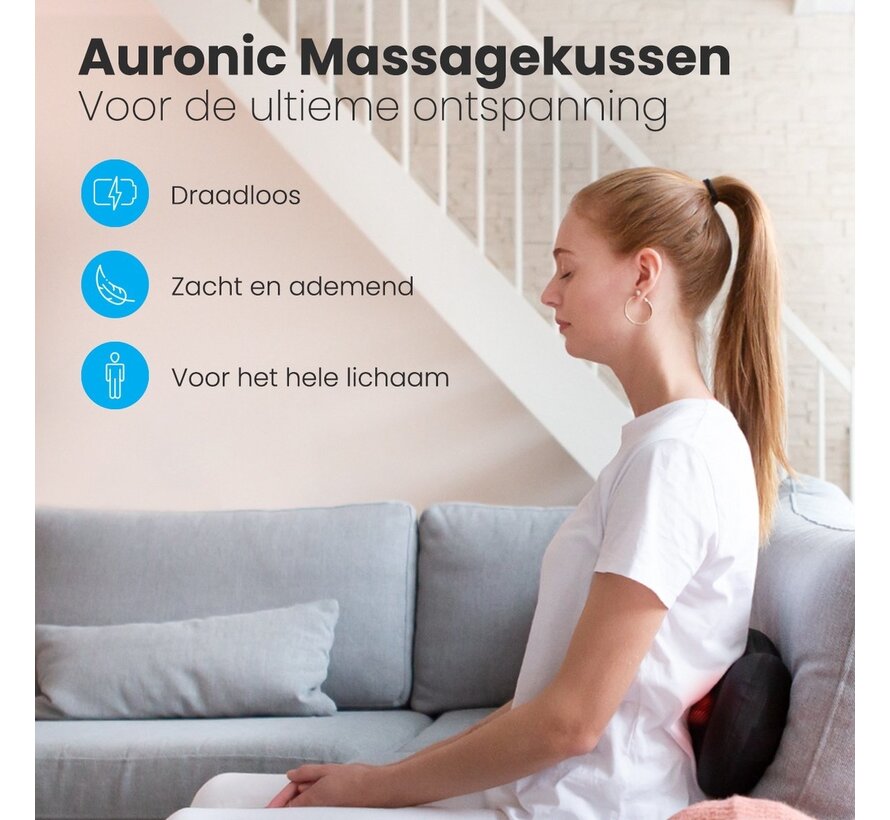 Auronic Coussin de massage shiatsu - Chauffant - Électrique - Dos et nuque - 36 x 10 x 12,5 cm - Noir