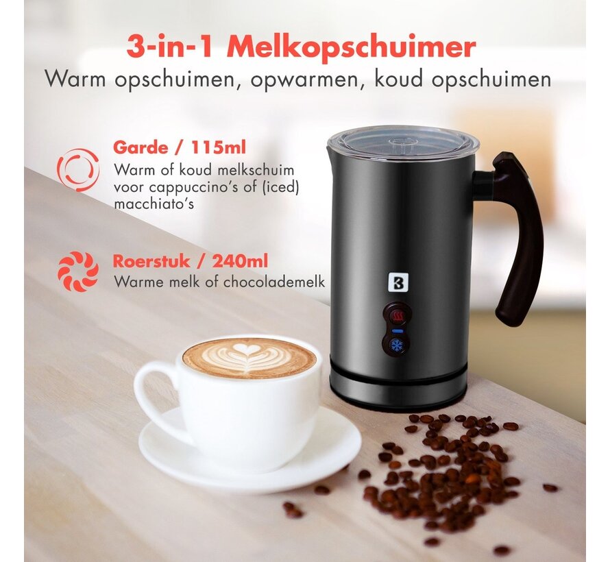 Mousseur à lait électrique - KitchenBrothers - Pour Cappuccino et Latte -3 en 1 : mousse chaude ou froide, chauffage - 240 ML - Noir