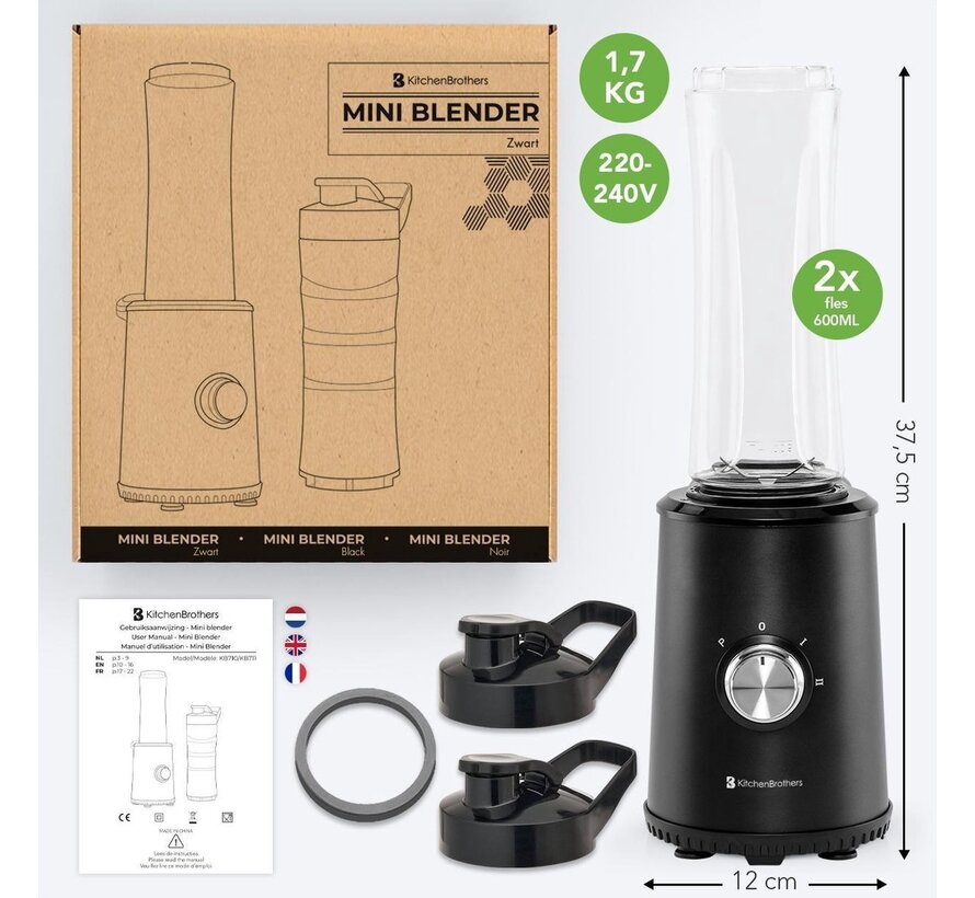 Mini Blender - KitchenBrothers - 2 tasses à emporter - 350W - Noir