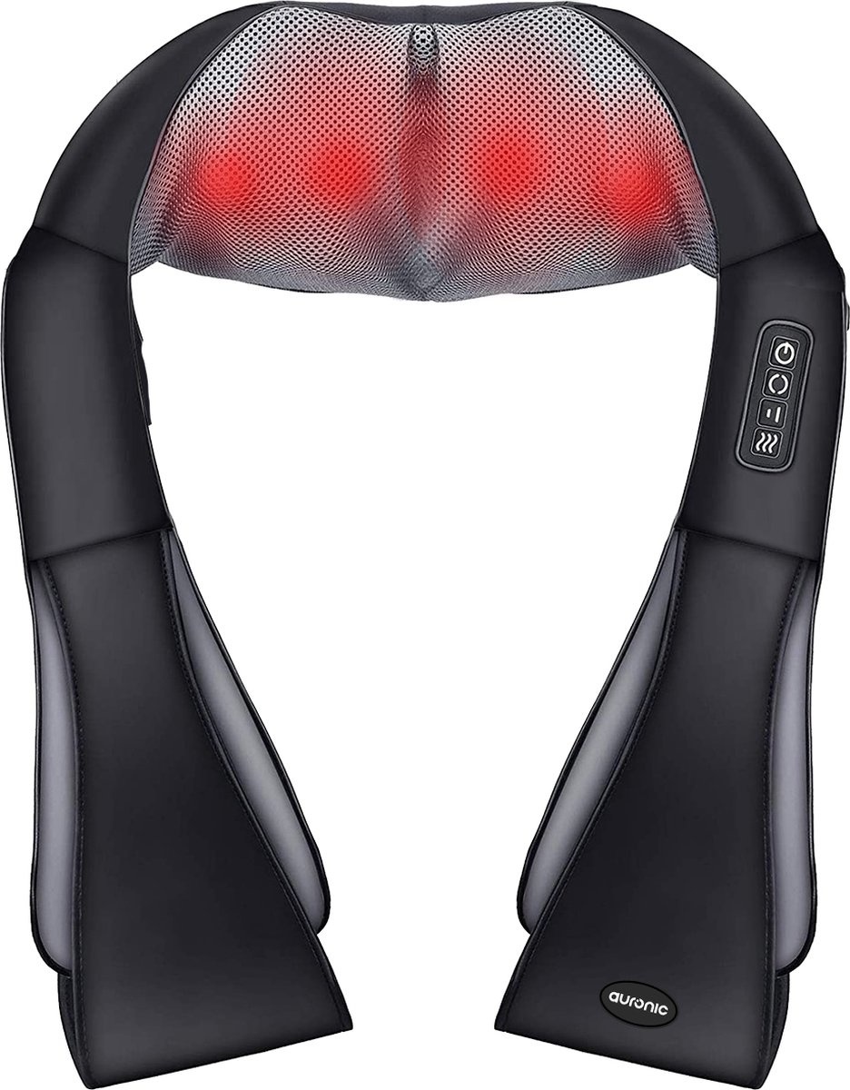 Coussin de massage Shiatsu sans fil - Auronic - Appareil de massage électrique pour le cou et les épaules - Infrarouge - Noir