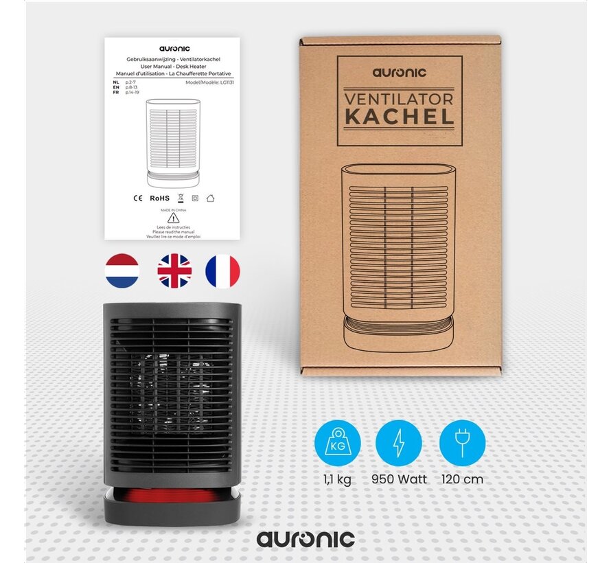Auronic Electric Heater - Radiateur à ventilateur - 3 niveaux - 950W - Indication LED - Rotatif - Noir
