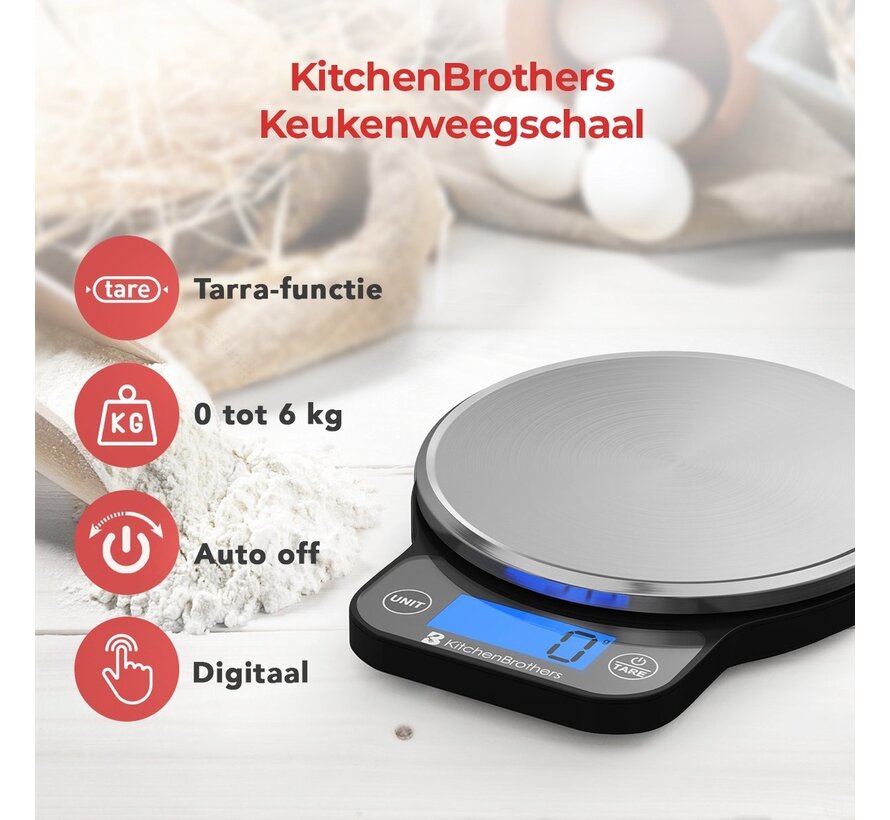 Balance de cuisine KitchenBrothers - numérique - 1 g à 6 kg - Piles incluses - Acier inoxydable - noir