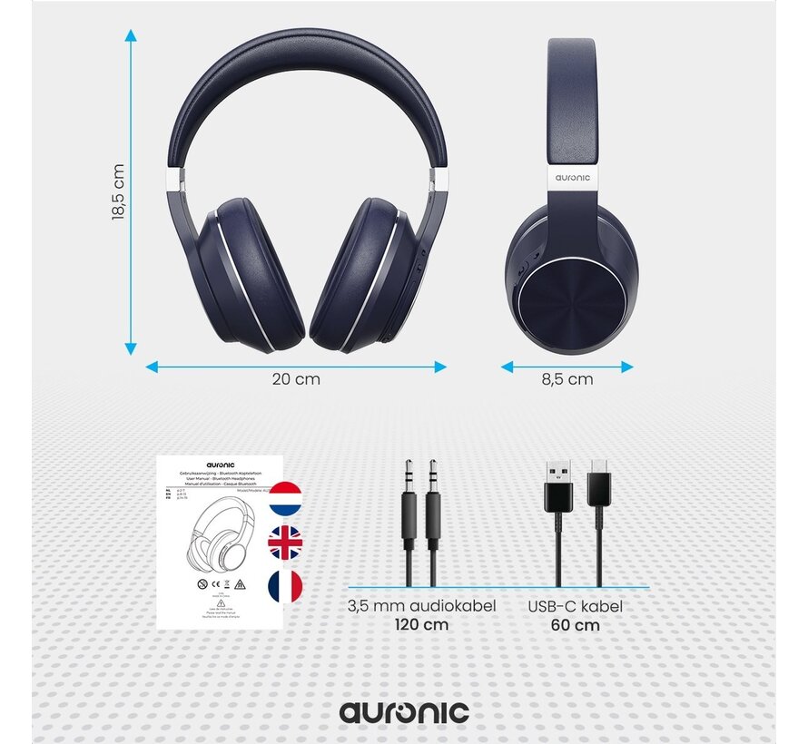 Casque audio sans fil Auronic - QuietSound , Réduction active du bruit - Bluetooth - Bleu