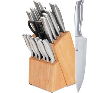 KitchenBrothers KitchenBrothers Set de couteaux - Bloc de couteaux - 16 pièces - avec ciseaux et acier d'affûtage - Bois de caoutchouc