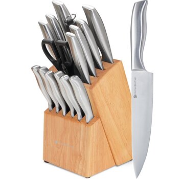 KitchenBrothers KitchenBrothers Set de couteaux - Bloc de couteaux - 16 pièces - avec ciseaux et acier d'affûtage - Bois de caoutchouc