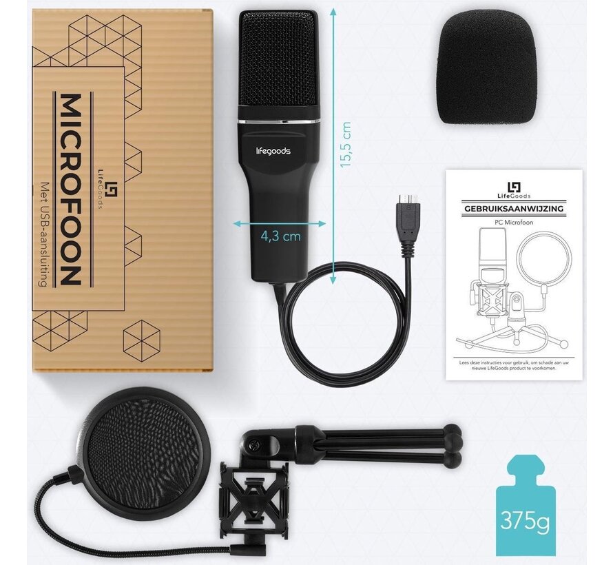 LifeGoods Microphone USB - avec support - à condensateur pour PC - noir