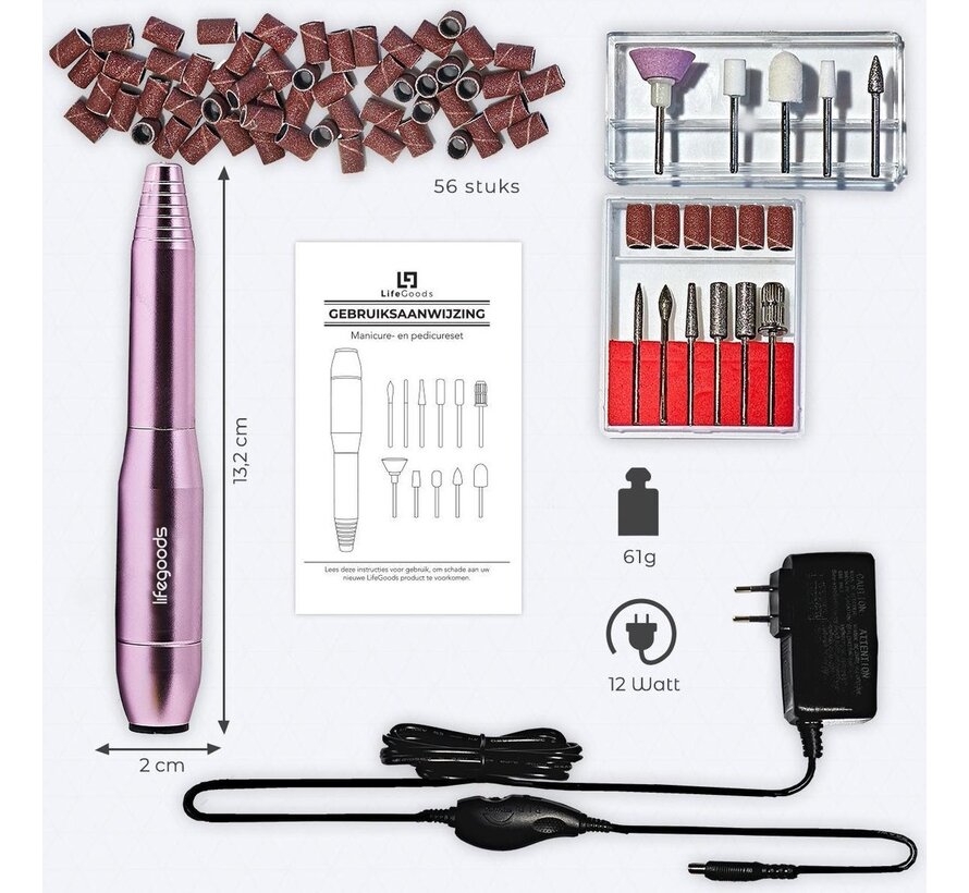 LifeGoods Ponceuse à ongles électrique - 11 limes à ongles et 56 rouleaux de ponçage - Manucure / Pédicure