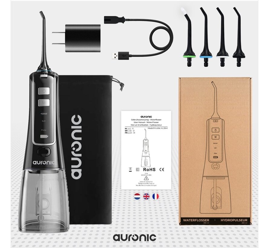 Auronic Water Flosser - électrique - bain de bouche - 3 étapes - 4 buses - 300 ml - noir