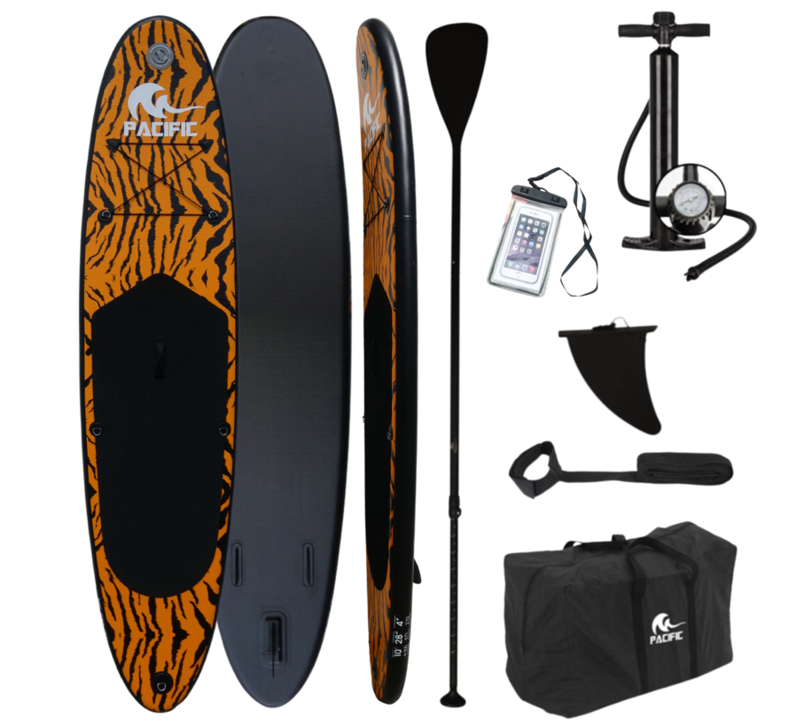 Pacific Special Edition Sup Board - Imprimé tigre - Étui étanche GRATUIT pour téléphone portable - Très robuste - 305 cm - 7 pièces - Jusqu'à 100 kg - Gonflable