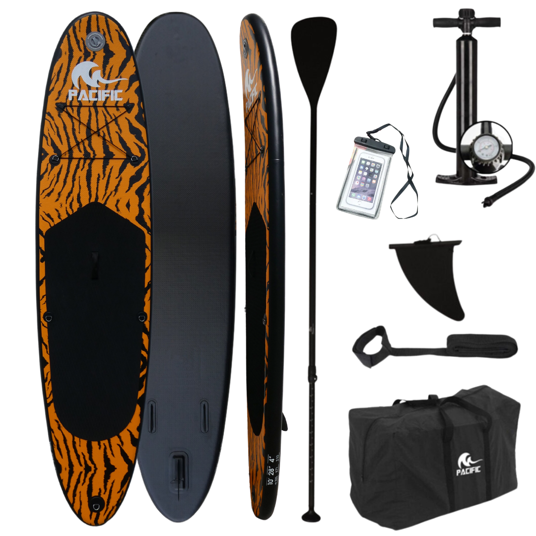 Pacific Special Edition Sup Board - Imprimé tigre - Étui étanche GRATUIT pour téléphone portable - Très robuste - 305 cm - 7 pièces - Jusqu'à 100 kg - Gonflable