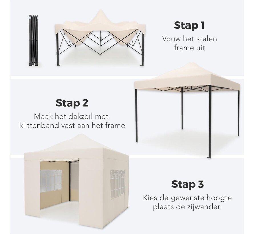 LifeGoods Tente de réception - Pavillon - 3x3 m - parois latérales - facile à monter - pliable - étanche - sac de transport à roulettes - beige