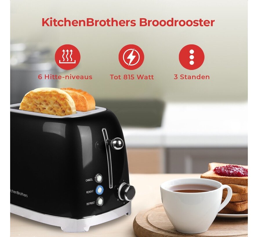 KitchenBrothers Grille-pain rétro - 6 niveaux de chaleur - 2 fentes extra-larges - 1630W - Fonction de réchauffage et de décongélation - Noir