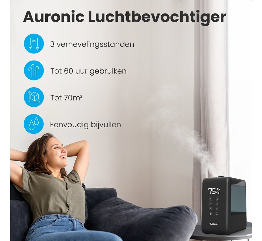 Humidificateur Auronic - 3 niveaux de chaleur - Capacité du réservoir 6L - 70m2 - Filtre à eau inclus - Noir