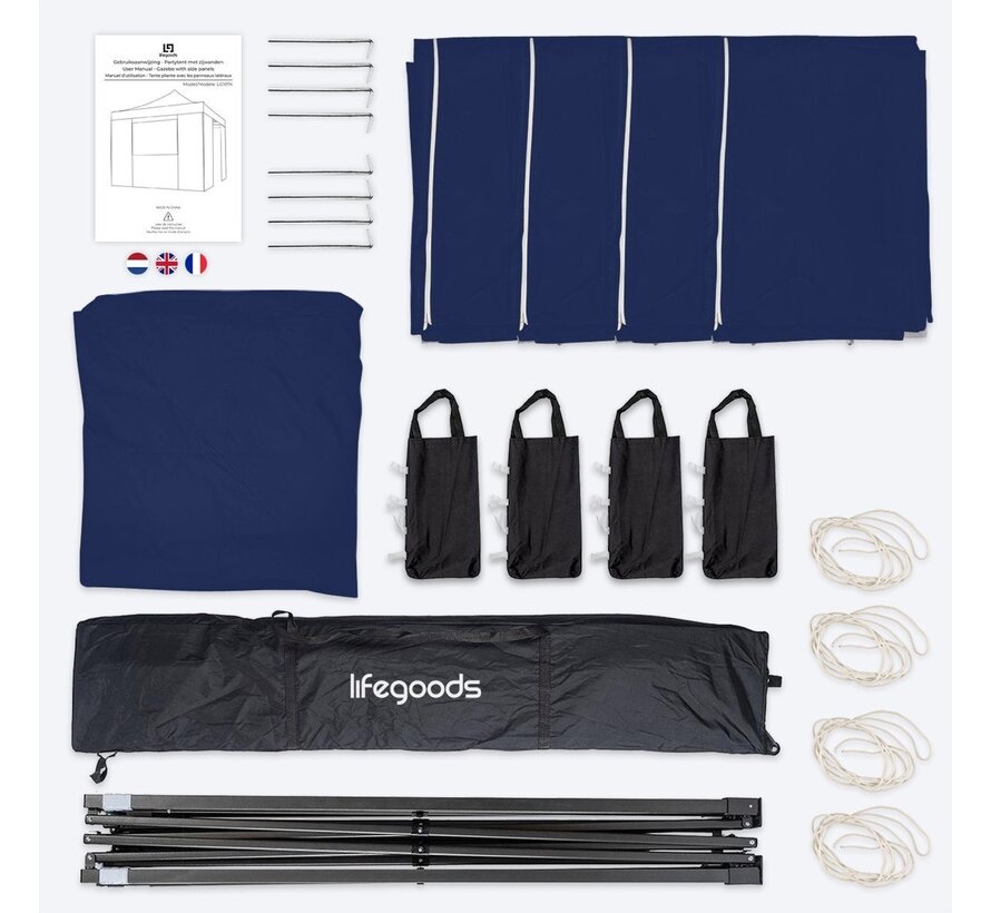LifeGoods Tente de réception - Pavillon - 3x3 m - parois latérales - facile à monter - pliable - étanche - sac de transport à roulettes - bleu foncé