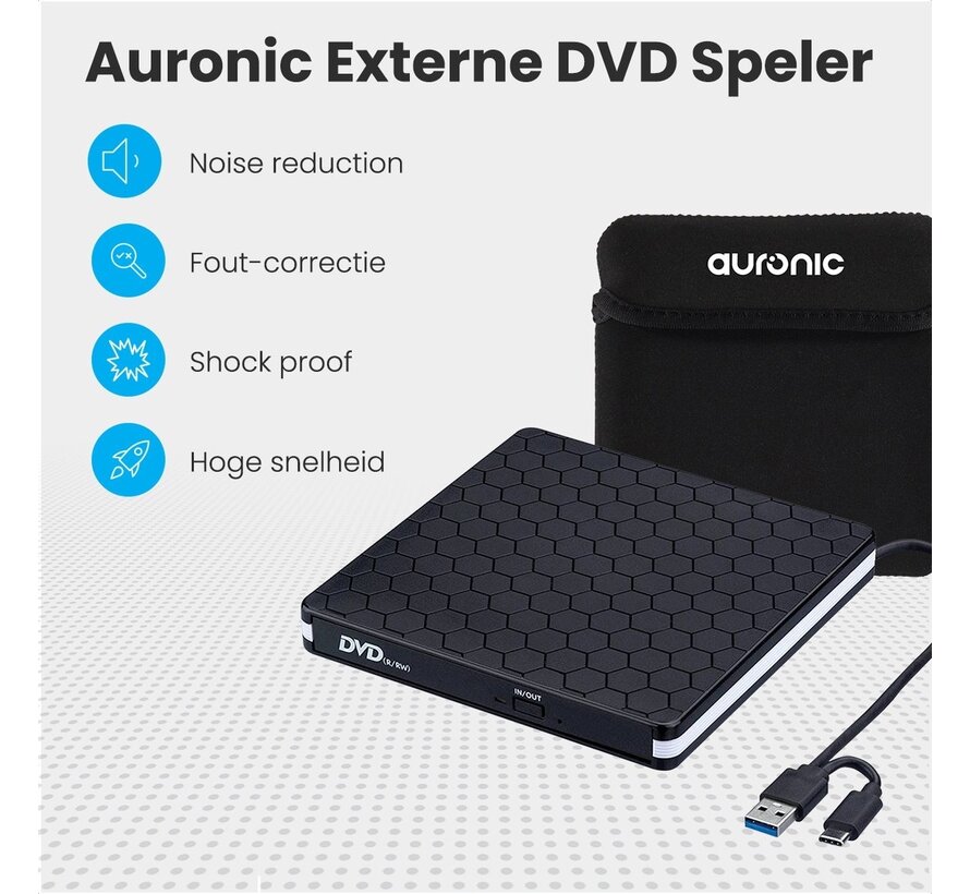 Auronic Lecteur DVD externe - Pour ordinateur portable et graveur - USB 3.0 ou USB C - Livré avec housse + câble