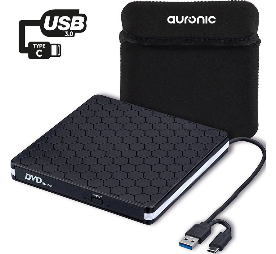 Auronic Lecteur DVD externe - Pour ordinateur portable et graveur - USB 3.0 ou USB C - Livré avec housse + câble