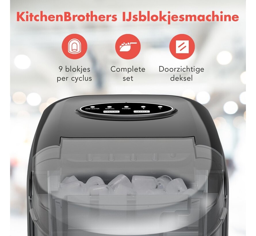 Machine à glaçons - KitchenBrothers - Fonction autonettoyante - Machine à glaçons avec pelle à glace - 1.6L - 8 min. - 12kg/24h - Noir