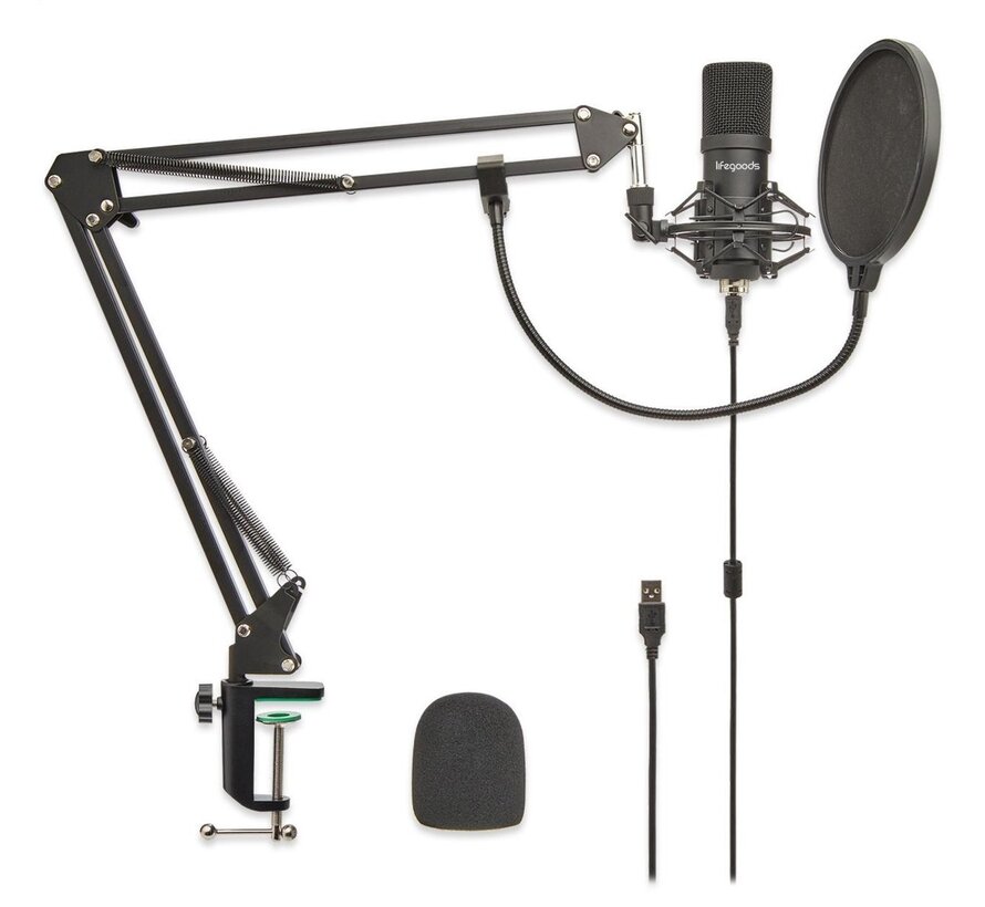 LifeGoods Microphone à condensateur avec bras - Diagramme polaire cardioïde - Noir