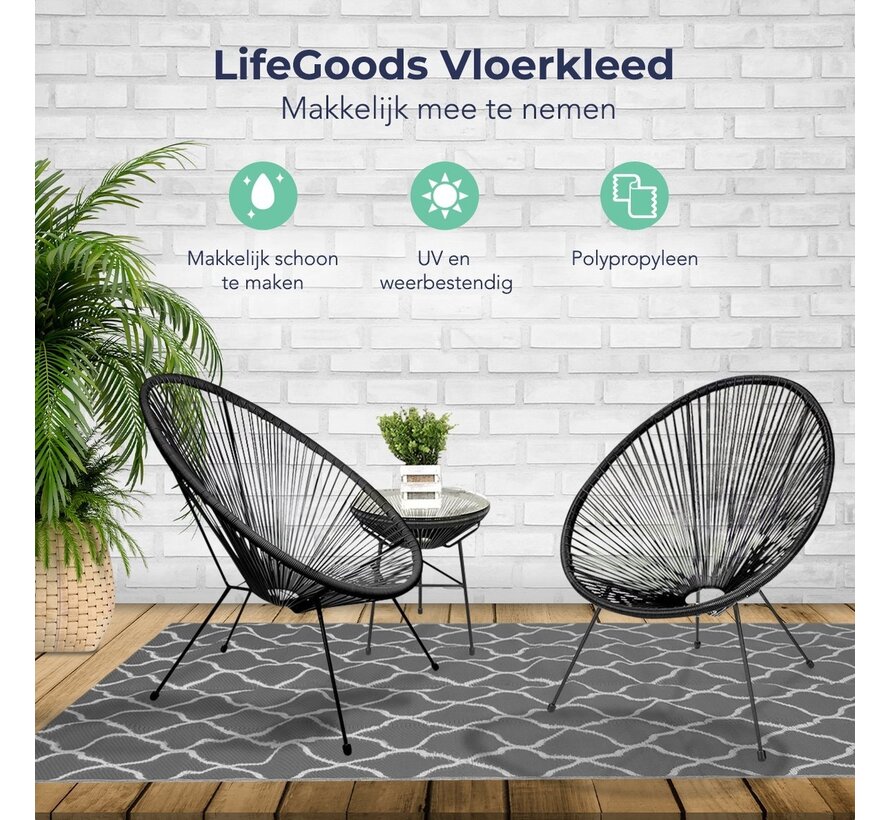 LifeGoods Tapis d'extérieur - 120x180CM - Tapis de jardin - Réversible - Sac de transport inclus - Avec motif - Gris/Blanc