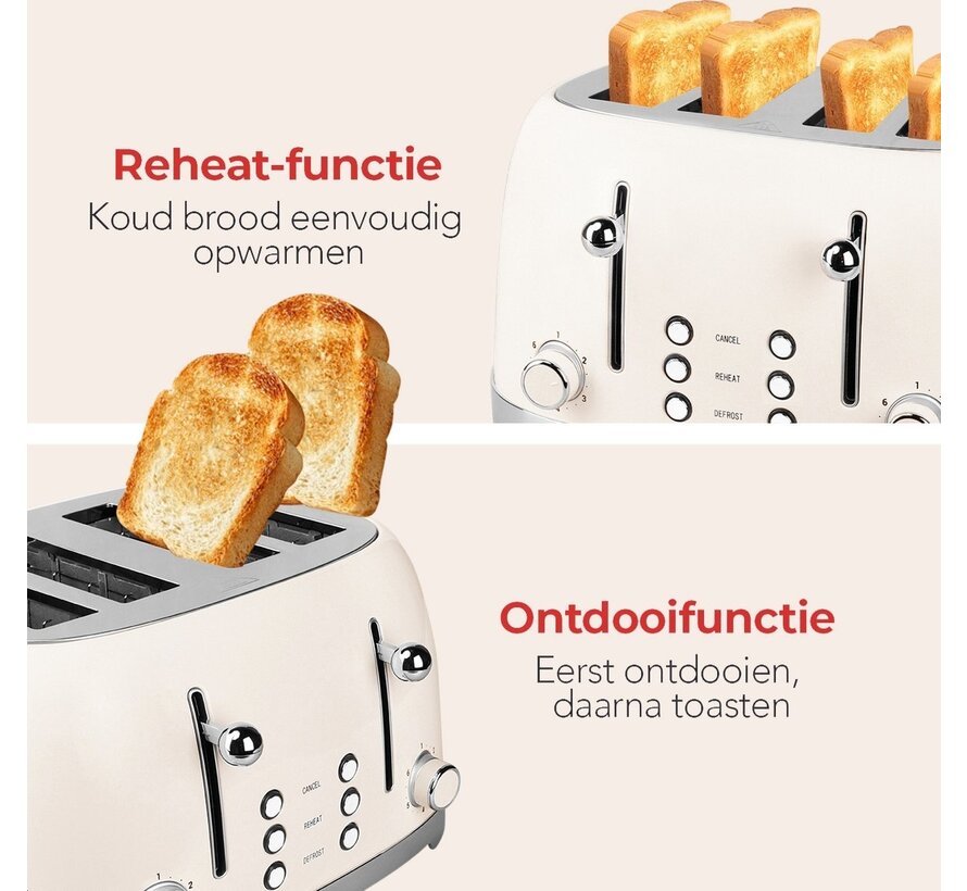 KitchenBrothers Grille-pain rétro - 6 niveaux de chaleur - 4 fentes extra-larges - 1630W - Fonctions de réchauffage et de décongélation - Beige