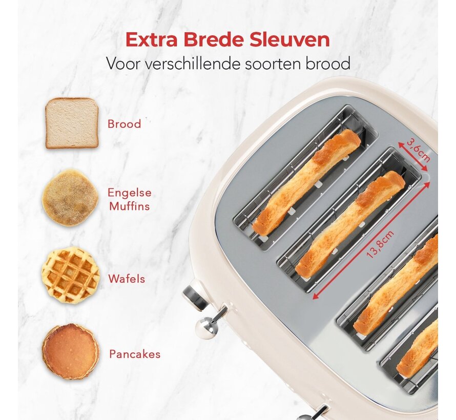 KitchenBrothers Grille-pain rétro - 6 niveaux de chaleur - 4 fentes extra-larges - 1630W - Fonctions de réchauffage et de décongélation - Beige