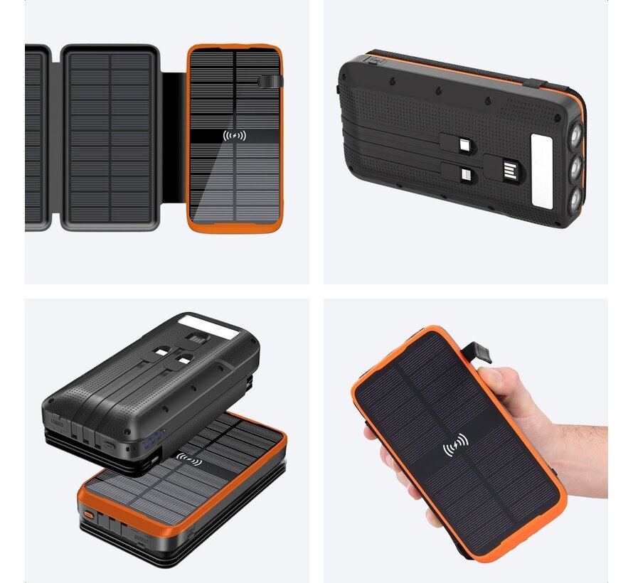 Batterie externe LifeGoods - 26 800 mAh - Energie solaire pliable - Sans fil - Lampe - Etanche - IK02 - Orange/Noir