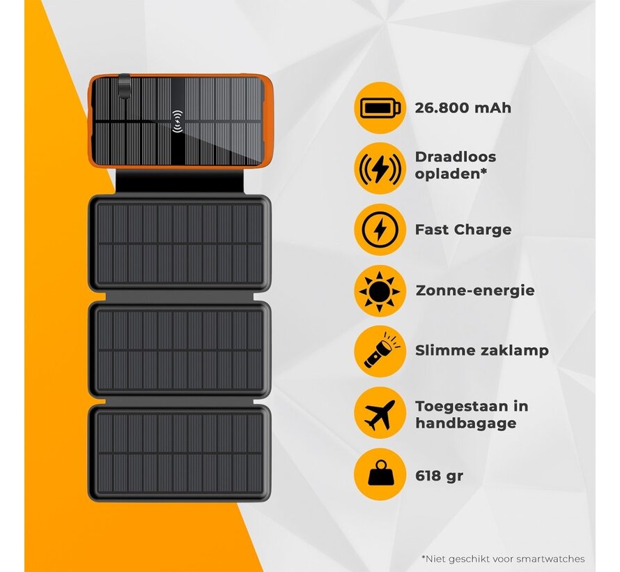 Batterie externe LifeGoods - 26 800 mAh - Energie solaire pliable - Sans fil - Lampe - Etanche - IK02 - Orange/Noir