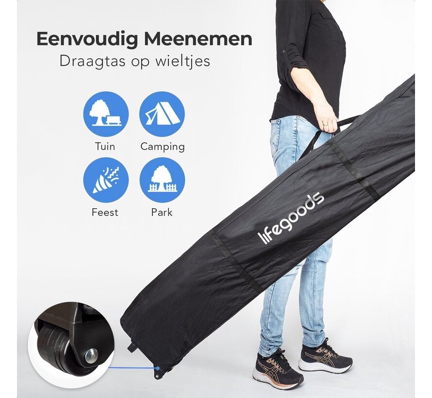 LifeGoods Party Tent - Pavillon - 3x4.5 m - Facile à monter - Pliable - Imperméable - Sac de transport à roulettes - Gris foncé