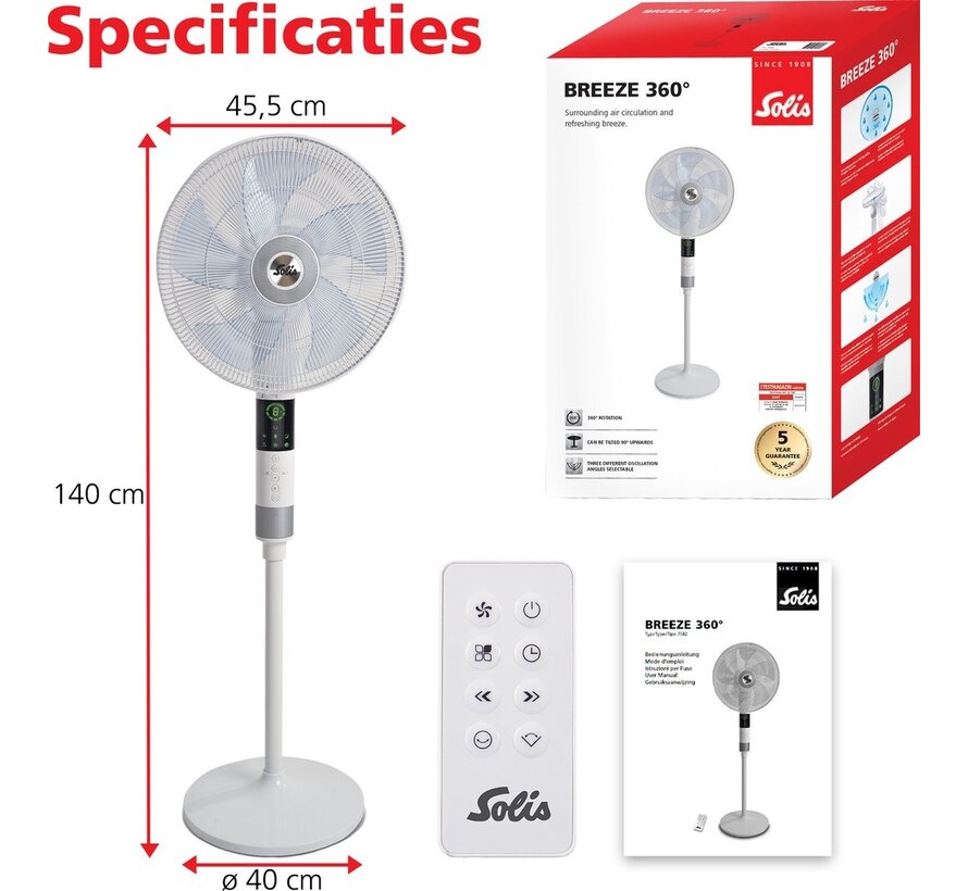 Ventilateur Solis Breeze 360° Stand Up Fan 7582 - Ventilateur sur pied avec télécommande - fonction minuterie - 140 cm de haut - blanc