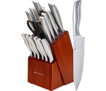 KitchenBrothers KitchenBrothers Set de couteaux - Bloc de couteaux - 16 pièces - avec ciseaux et acier d'affûtage - Bois d'acacia