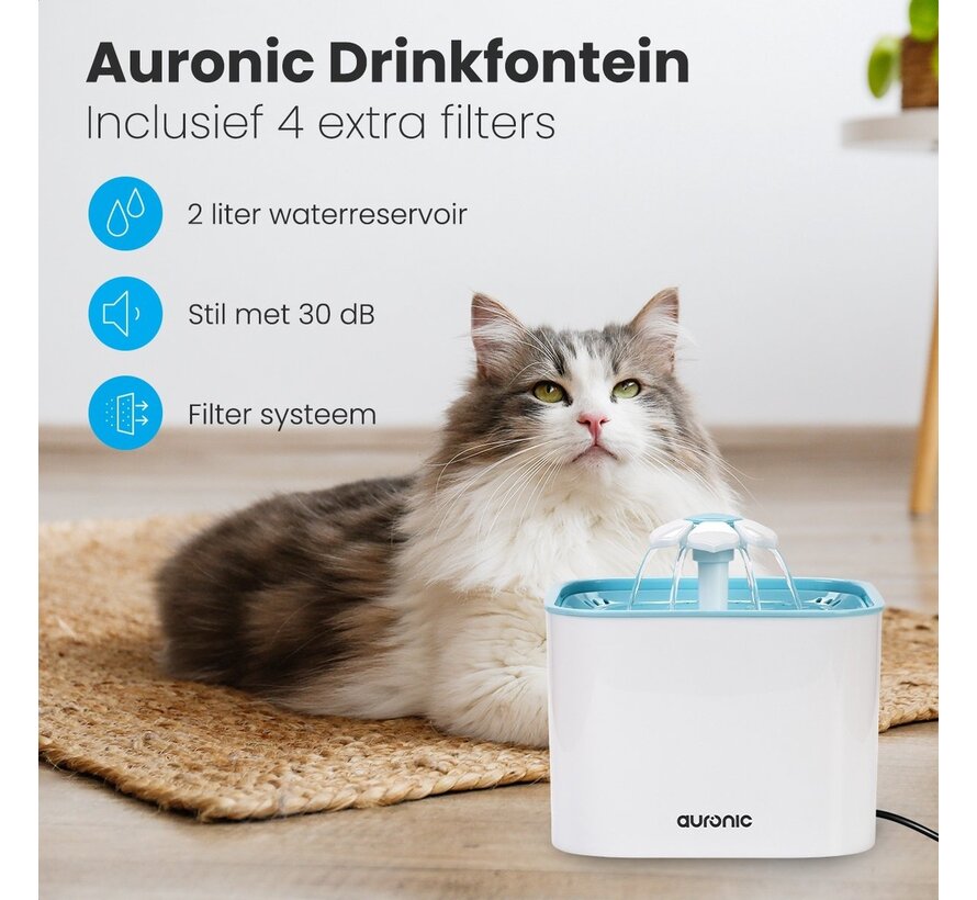 Auronic Drinking Fountain - Fontaine à eau pour chats et chiens - 2L - Abreuvoir pour animaux - 4 filtres inclus - Noir