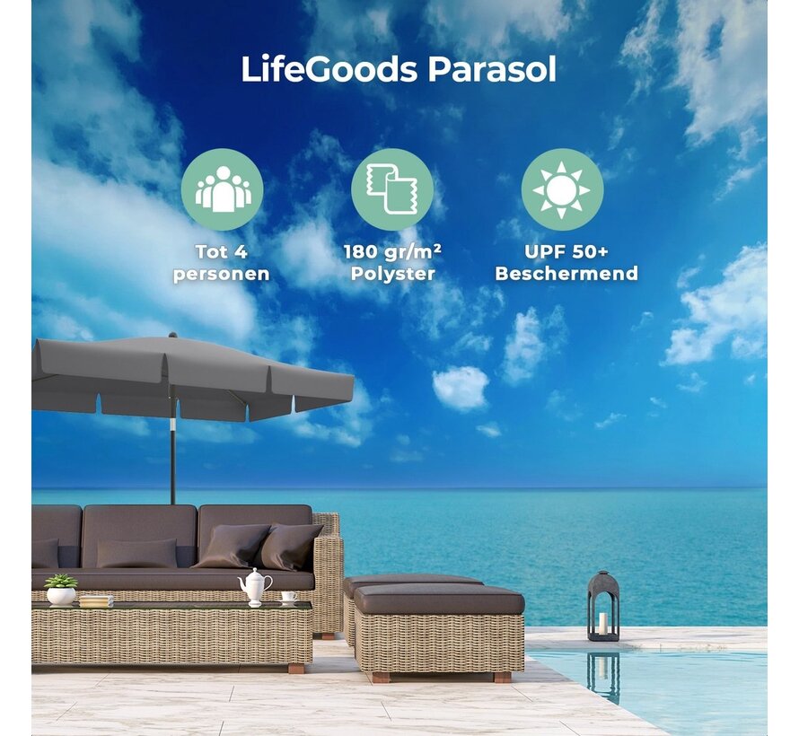 Parasol - LifeGoods - 30° inclinable - imperméable - avec housse - 200x125cm - Gris foncé