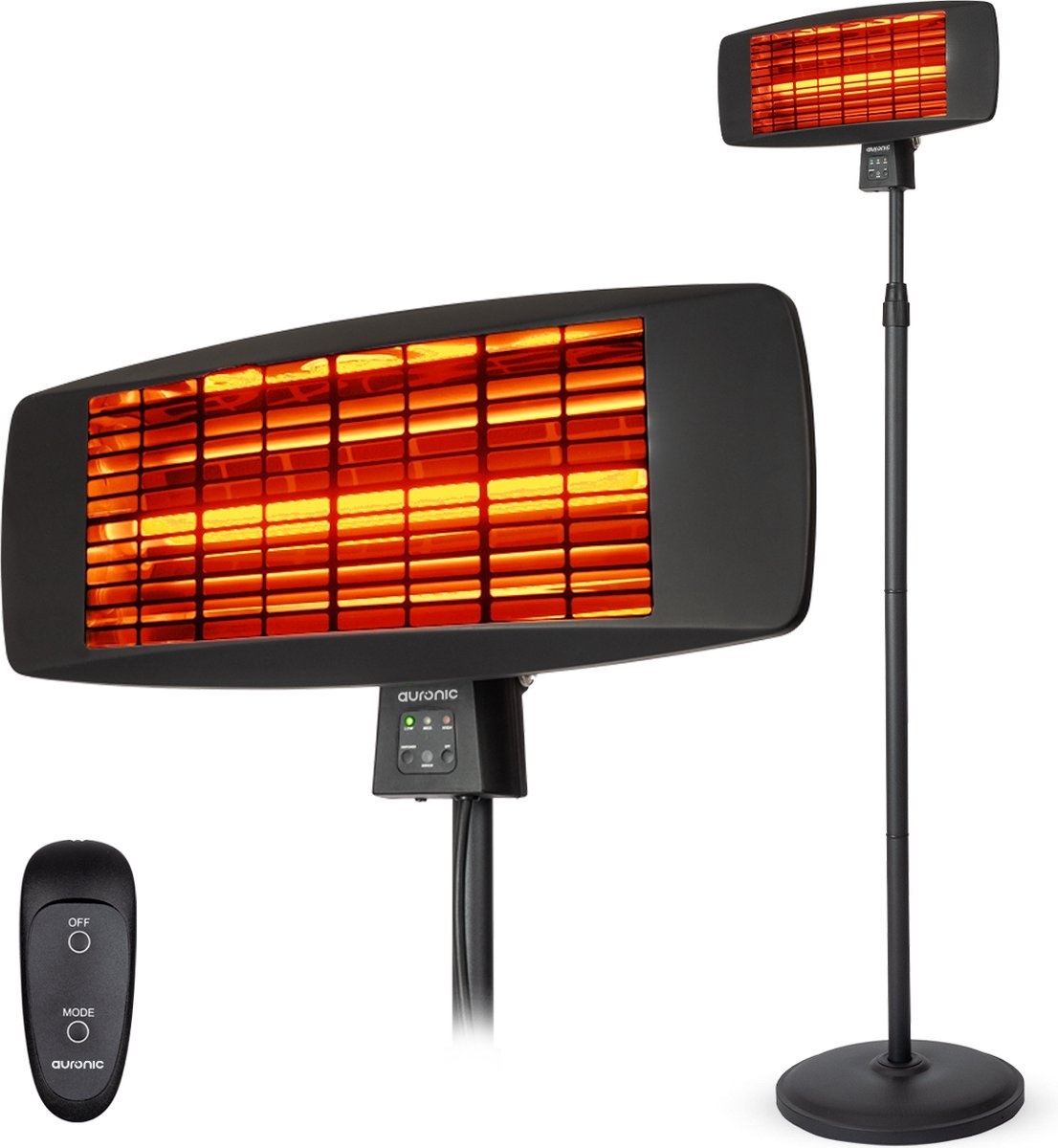 Auronic Chauffage de terrasse - électrique - 2000W - suspension et support - télécommande incluse - 3 niveaux - noir