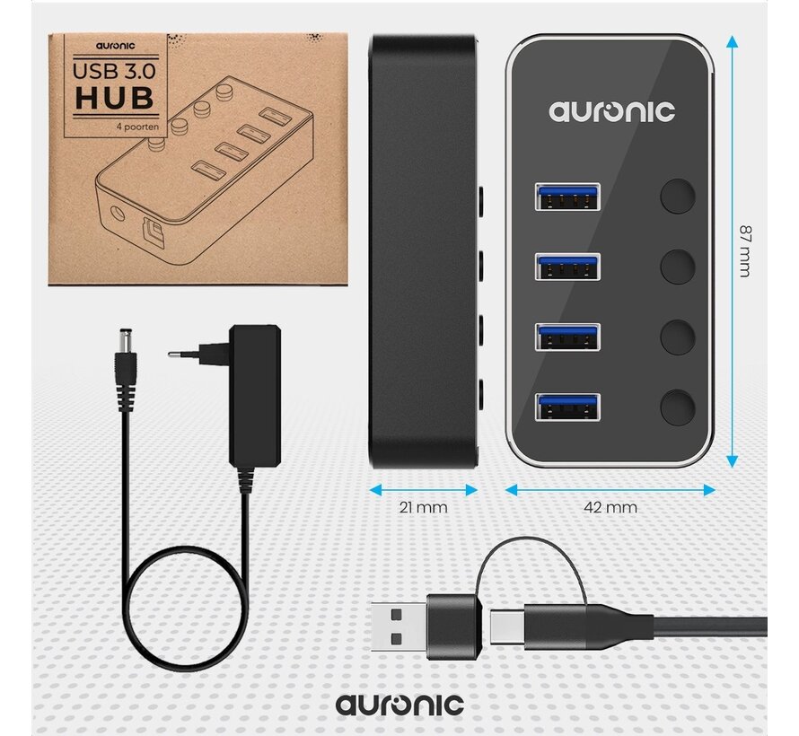 Auronic USB Hub 3.0 - Répartiteur USB avec 4 ports - avec alimentation - 5 GBP - Indication LED - Noir