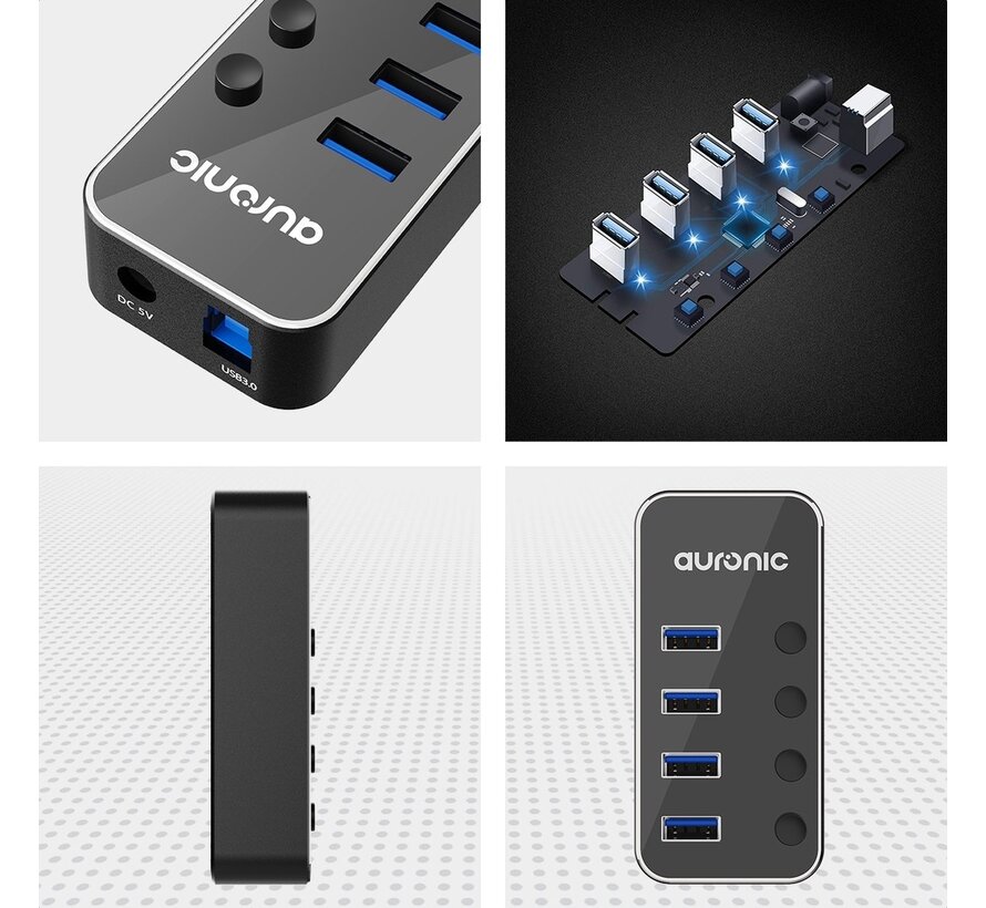 Auronic USB Hub 3.0 - Répartiteur USB avec 4 ports - avec alimentation - 5 GBP - Indication LED - Noir