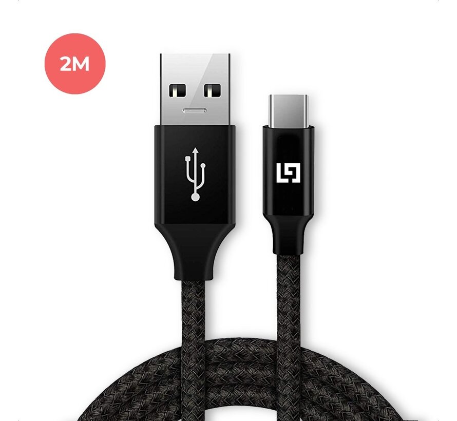 LifeGoods Câble USB-C - 2M - 2,4A - USB C vers USB-A - Nylon tressé - Noir