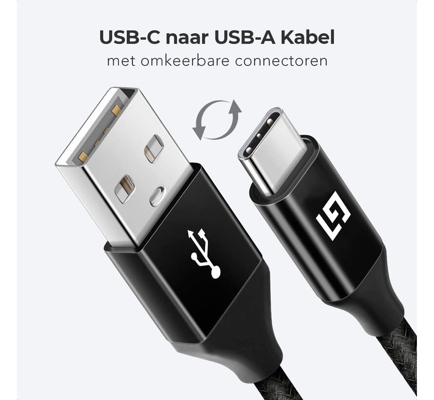LifeGoods Câble USB-C - 2M - 2,4A - USB C vers USB-A - Nylon tressé - Noir