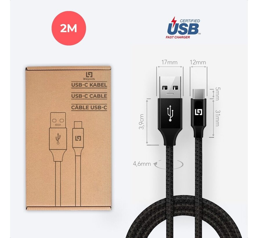 LifeGoods Câble USB-C - 2M - 2,4A - USB C vers USB-A - Nylon tressé - Noir