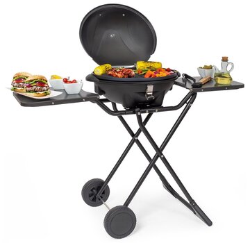 KitchenBrothers Barbecue électrique pliable avec roues - KitchenBrothers - avec plaque de cuisson - étagère/supports inclus - noir