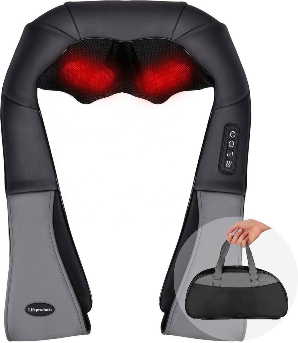 Lifeproducts Coussin de massage shiatsu avec sac de rangement - Appareil de massage pour le cou et le dos avec fonction de chaleur
