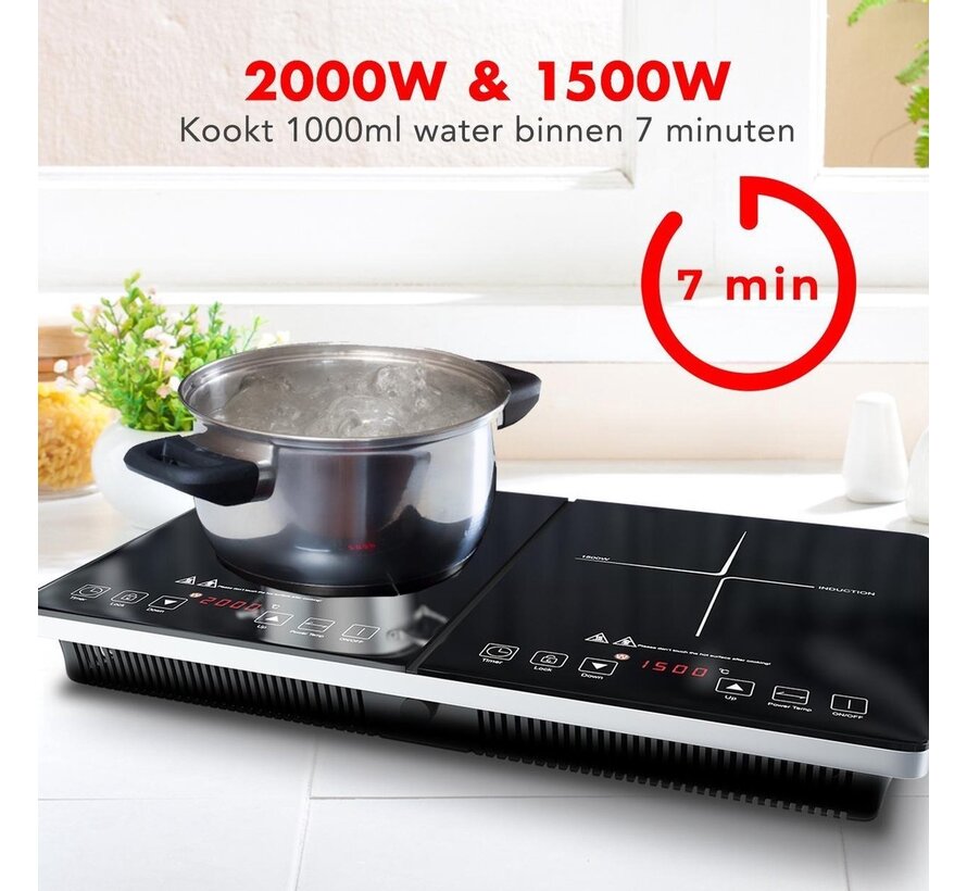 Table de cuisson à induction en pose libre - KitchenBrothers - 2 brûleurs - 1500W + 2000W - acier inoxydable