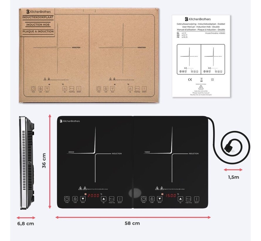 Table de cuisson à induction en pose libre - KitchenBrothers - 2 brûleurs - 1500W + 2000W - acier inoxydable