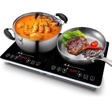 KitchenBrothers Table de cuisson à induction en pose libre - KitchenBrothers - 2 brûleurs - 1500W + 2000W - acier inoxydable