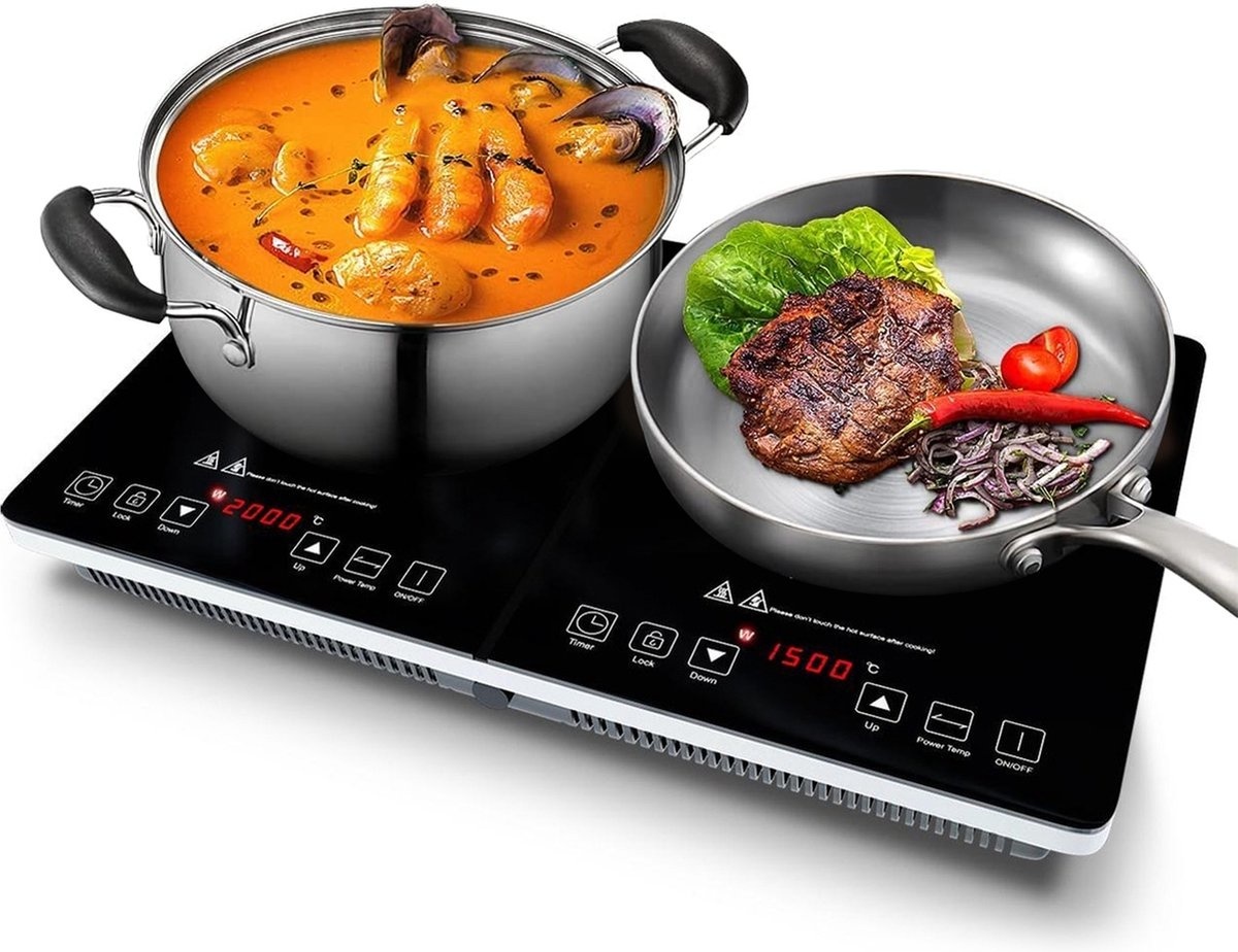 Table de cuisson à induction en pose libre - KitchenBrothers - 2 brûleurs - 1500W + 2000W - acier inoxydable