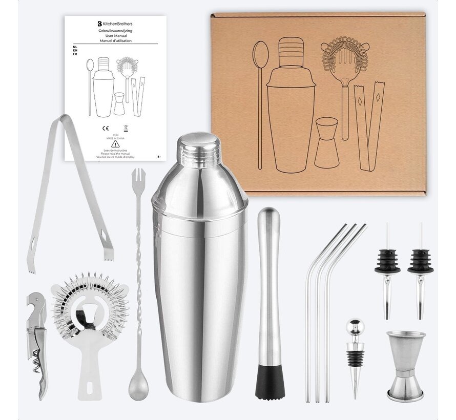 KitchenBrothers Cocktail Shaker Set - 13 Piece - Complete Set - Gift Package - 750 ml - stainless steel