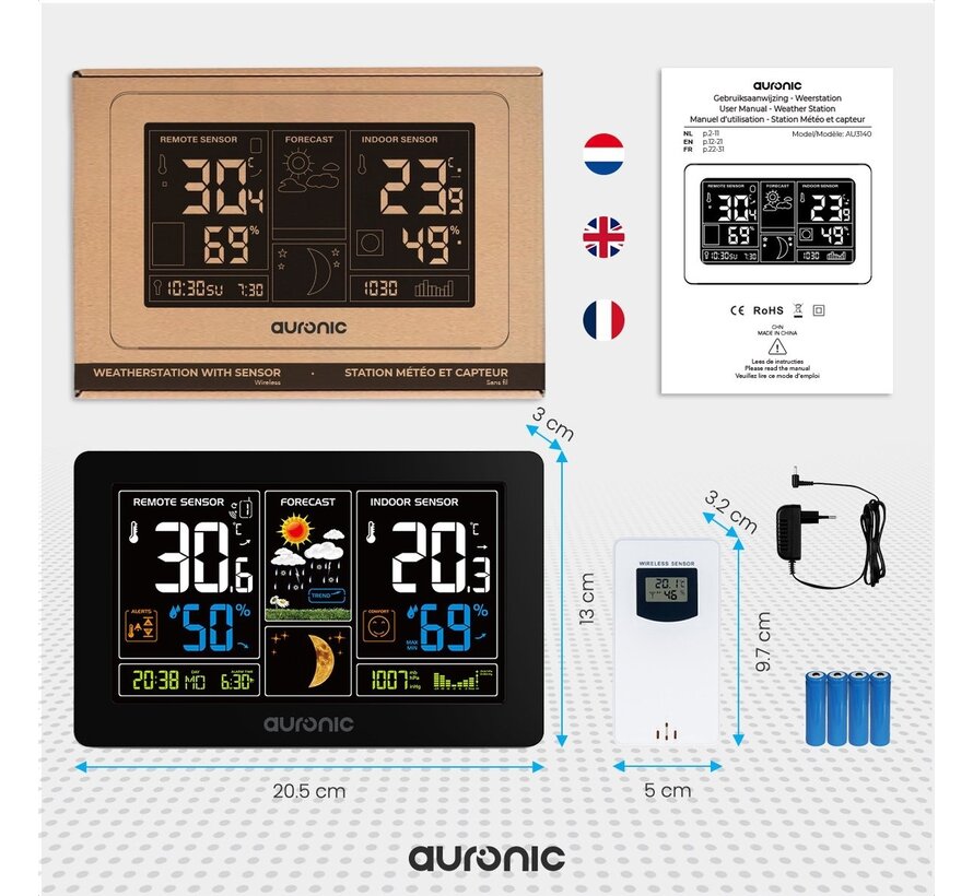 Station météo - Auronic - Sans fil - Intérieur et extérieur - avec capteur - Portée 60M - Noir