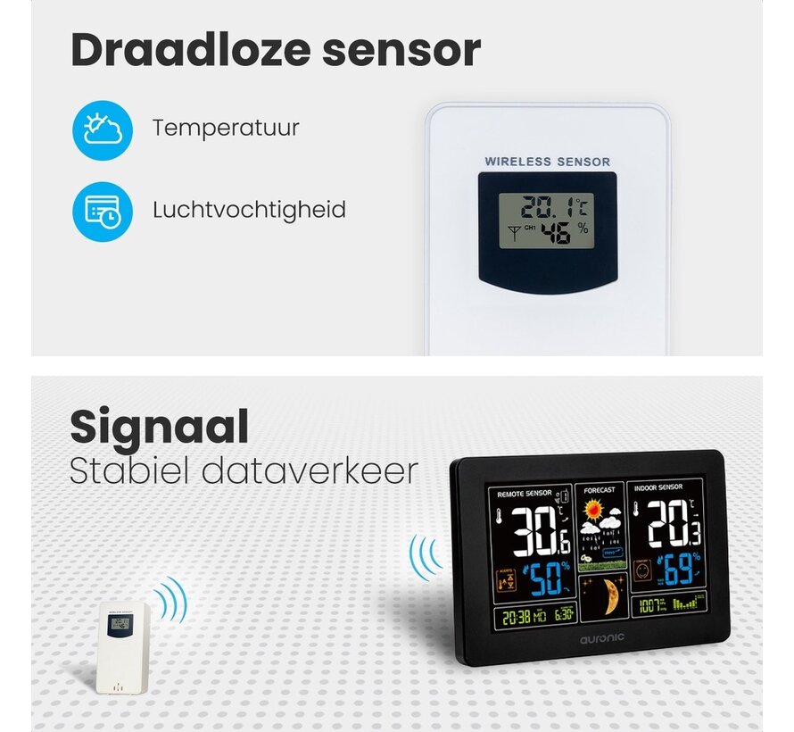 Station météo - Auronic - Sans fil - Intérieur et extérieur - avec capteur - Portée 60M - Noir