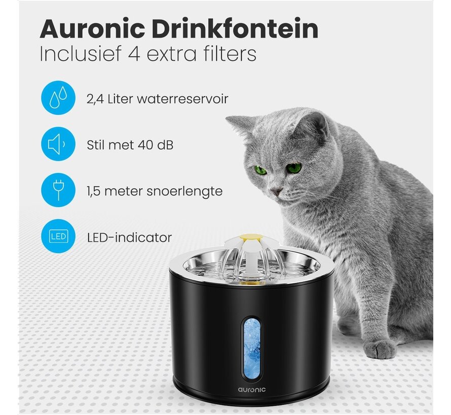 Abreuvoir Auronic - Fontaine à eau pour chats et chiens - 2.4L - Abreuvoir pour animaux - 3 filtres et 2 brosses inclus - Noir