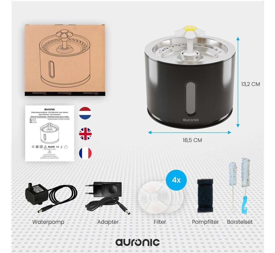 Abreuvoir Auronic - Fontaine à eau pour chats et chiens - 2.4L - Abreuvoir pour animaux - 3 filtres et 2 brosses inclus - Noir